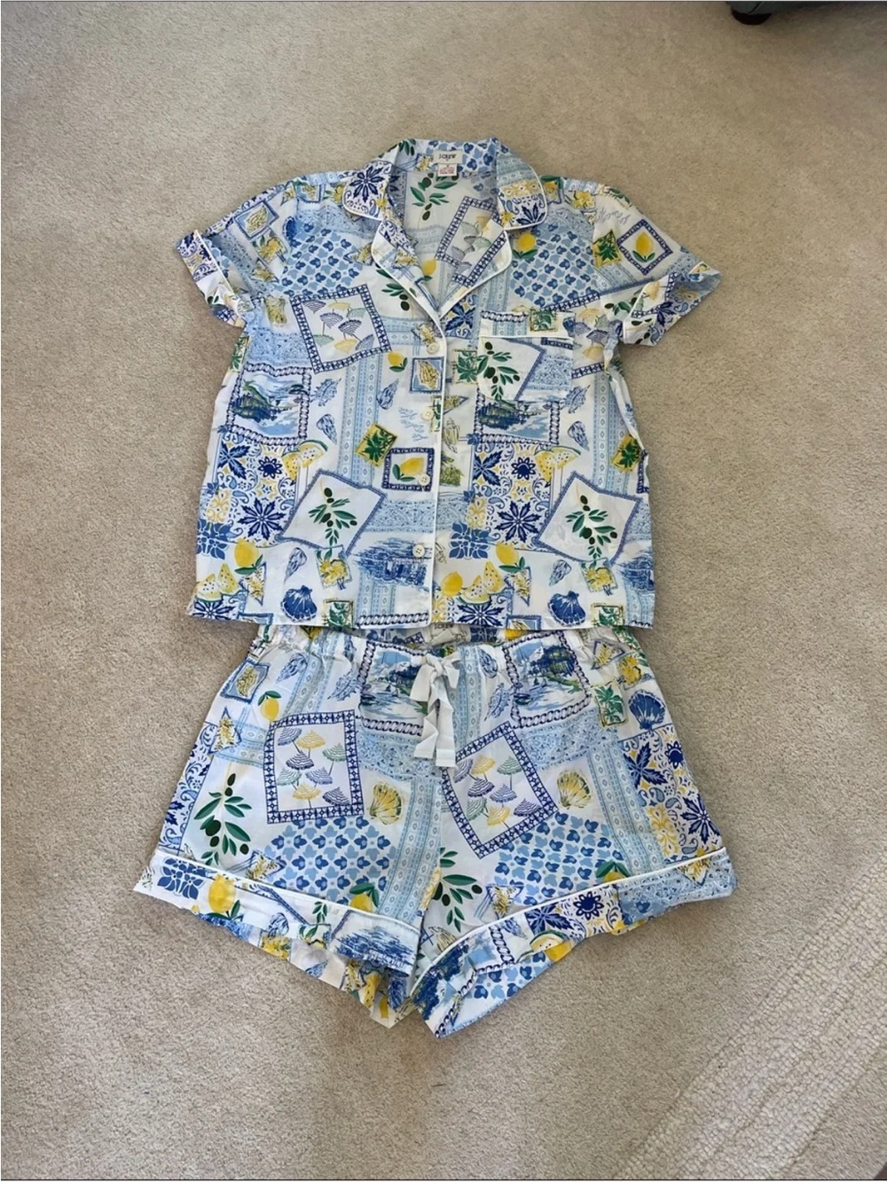NWOT J. Crew Blue, Yellow & White Lemon Tile Print Short Pajama Set